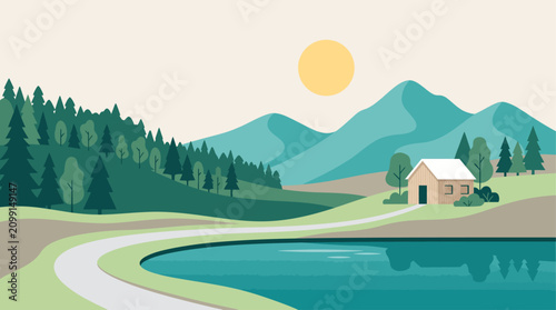 Minimalist flat mountain landscape background with countryside lake house pine forest banner