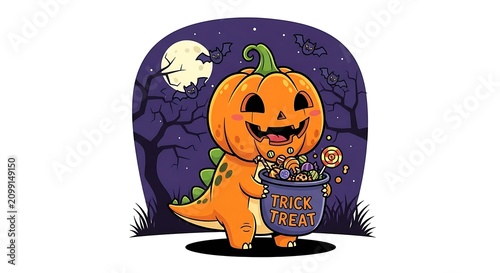 Cute Halloween Dinosaur Pumpkin Costume Night Scene.