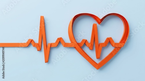 Orange heartbeat line with heart shape health concept on light blue background