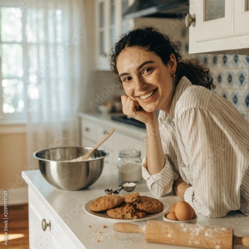 Smiling Young Woman in Kitchen Preparing Homemade Cookies with Bowls and Ingredients