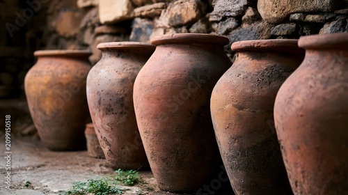 A row of traditional terracotta storage jars lined up against a rough stone wall inside an old cellar