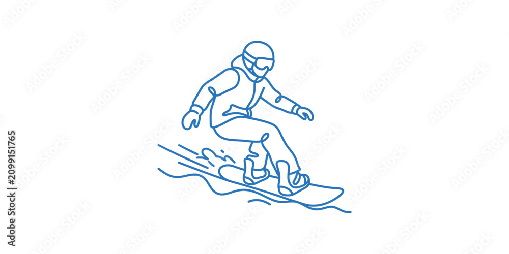 Fototapeta premium Continuous line art illustration of a person snowboarding down a mountain.