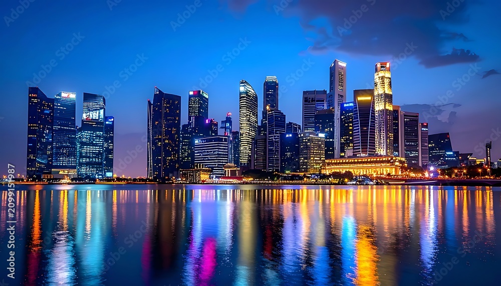Fototapeta premium Modern city skyline with illuminated skyscrapers at dusk.