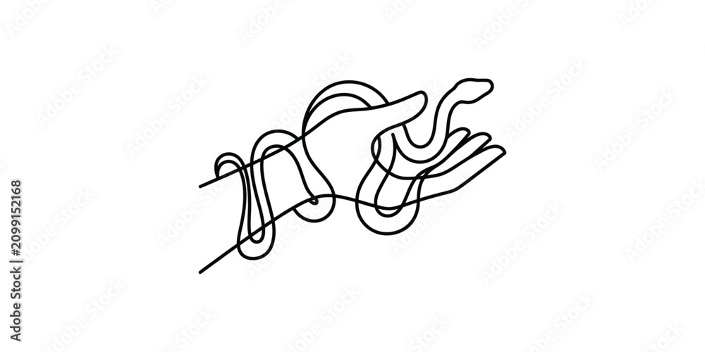 Fototapeta premium Continuous line art illustration of a snake wrapping around a human hand.