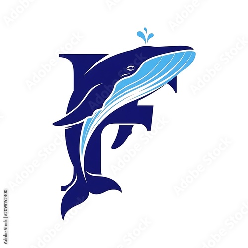 Stylized Whale Jumping Out of Letter F Logo Design.