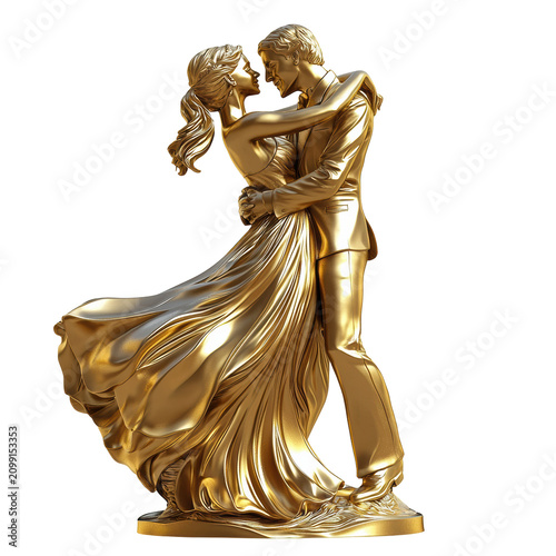 Golden Couple Dancing Sculpture for Wedding and Romantic Decor Isolated on Transparent Background