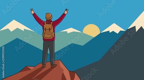 Tableau sur toile Happy hiker on mountain top celebrating success with scenic sunrise view