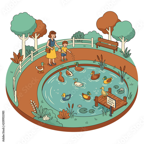 Photos Woman and child feeding ducks pond.