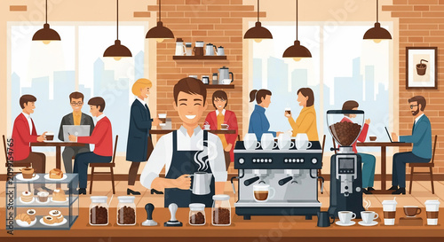 Professional barista preparing coffee and latte art at a busy cafe counter with patrons relaxing in a modern coffee shop.