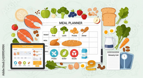 Healthy Meal Planner Concept with Fresh Food, Digital Tablet, Grocery List, and Weight Scale for Diet and Nutrition Lifestyle