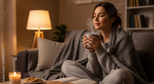 Cozy young woman enjoying a steaming hot drink on a comfortable sofa under a warm blanket, relaxing during a quiet evening at home.