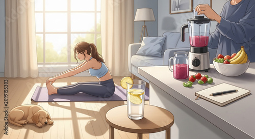 Young woman practicing yoga and stretching at home with her dog, preparing a healthy fruit smoothie for a wellness lifestyle