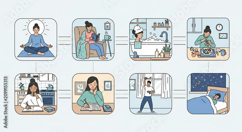 Woman's daily routine illustration: morning meditation, working, exercise, cooking, and evening relaxation leading to restful sleep. Self-care lifestyle.