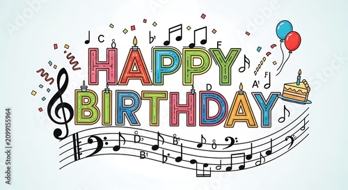 Colorful Happy Birthday Celebration with Musical Notes and Cake.