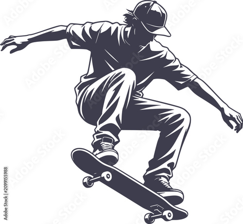 Skateboarder Silhouette Vector Illustration With Dynamic Pose And White Background