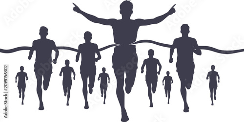 Marathon runner silhouettes crossing finish line dark blue vector illustration