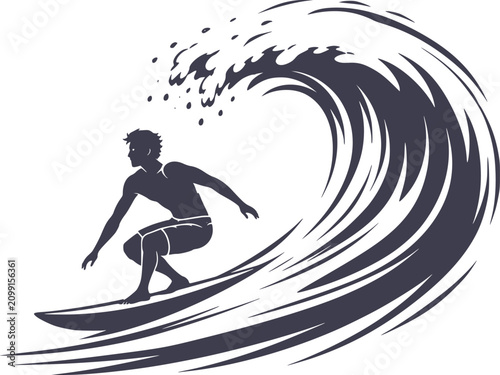 Surfer Riding Wave Silhouette Dark Blue Vector Illustration On White Background