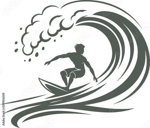 Surfer Riding Wave Silhouette Dark Green Vector Illustration On White Background