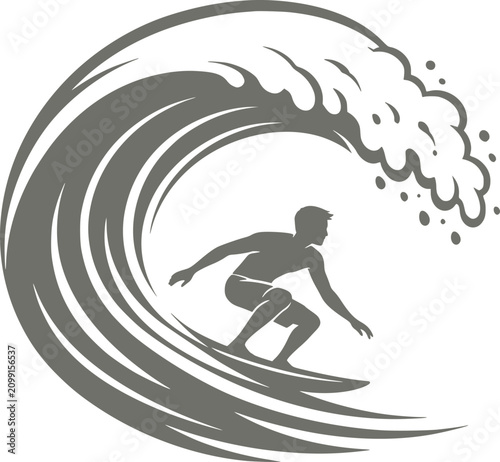 Surfer Riding Wave Silhouette Gray Vector Illustration On White Background