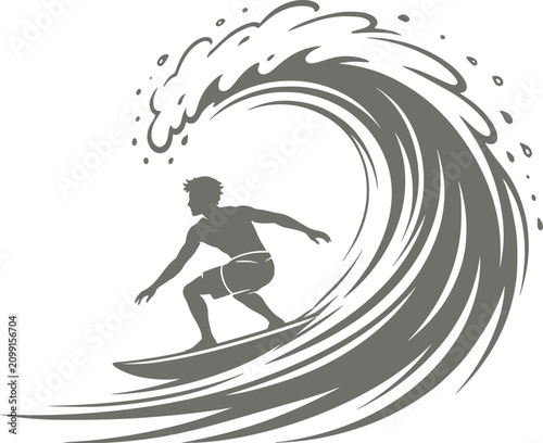 Surfer riding wave silhouette gray vector illustration on white background