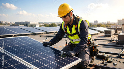 A skilled solar technician installing a photovoltaic solar panel on a modern rooftop, wearing a safety helmet, gloves, safety harness, and reflective workwear, carefully positioning the panel.
