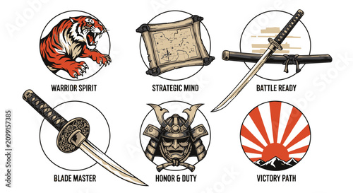 Foto Bold red and orange tiger, ancient scroll, and gleaming katana swords evoke warr