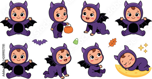 Foto Cute Baby in Bat Costume Cartoon Character Vector Illustration Set Featuring Tod