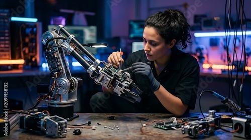 Woman in workshop examining motorcycle engine.