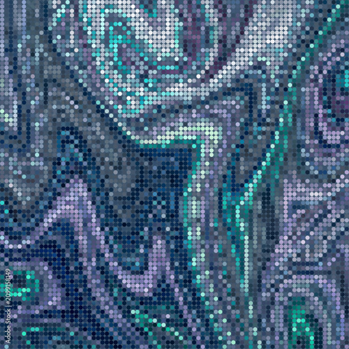 digital mosaic background with swirling liquid waves composed of blue, teal, and purple halftone dots, representing fluid art and high-tech data visualization.