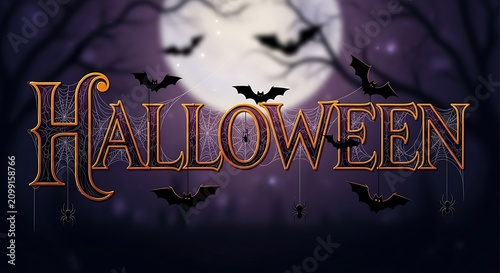 Spooky Halloween Night with Flying Bats and Dark Forest.