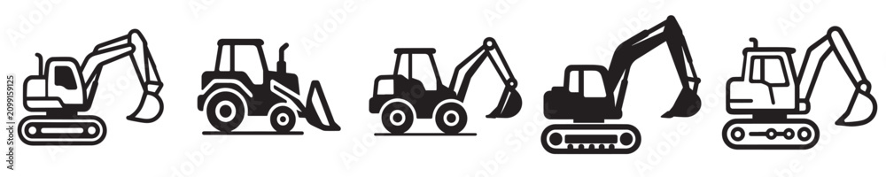 Naklejka premium Heavy Equipment Icons Set, Construction Machinery Silhouette Vector