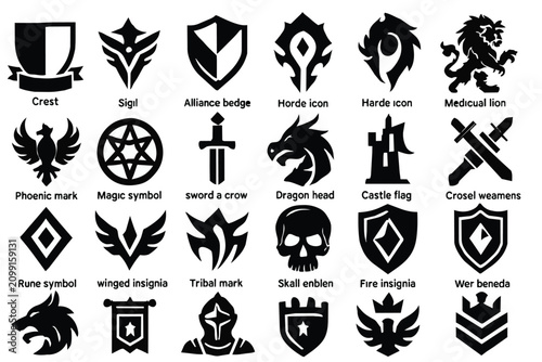 Foto Collection of black heraldic emblems and symbols featuring crests, sigils, allia