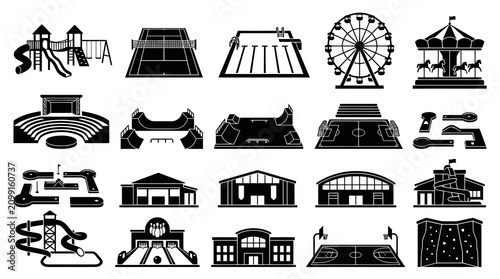 Recreation and Sports Facilities Black and White Glyph Icons Set - Leisure and Entertainment Venues