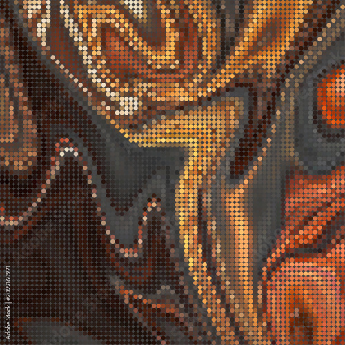 digital mosaic background featuring warm liquid marble waves composed of gold, copper, and bronze halftone dots, representing luxury fluid art and thermal data visualization.