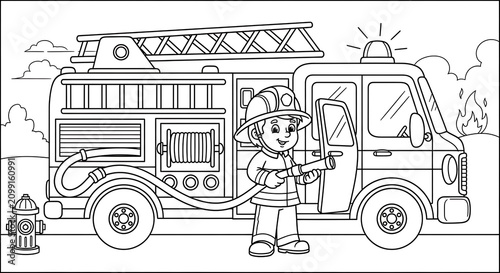 Cartoon Firefighter and Fire Truck Illustration for Children.