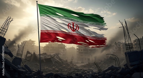 Iran Flag Flying Over War-Torn Landscape Scene.