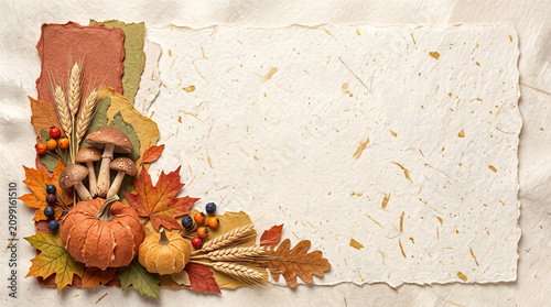 Contemporary Thanksgiving collage made from torn handmade paper, layered textured paper pumpkins, autumn leaves, mushrooms 