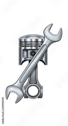 Mechanical Engine Piston and Wrench Tool Illustration.