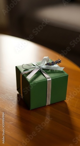 Elegant Green Gift Box with Silver Ribbon on Wooden Surface.
