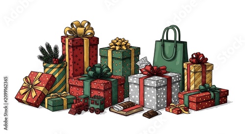 Festive Christmas Gift Boxes and Holiday Decorations Arrangement.