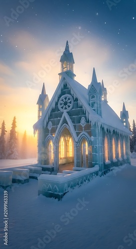 Snowy Castle with Gothic Architecture and Tall Spires at Sunset.