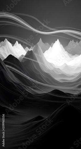 Abstract Mountain Landscape in Monochrome with Dynamic Light Streaks.