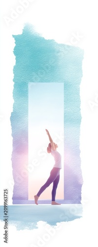 Minimalist wellness illustration of a woman stretching in a yoga pose inside a doorway, symbolize mindfulness, balance, inner strength, healthy lifestyle, and personal transformation.
