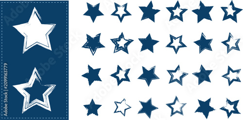 Blue Grunge Star Brush Stroke Collection, Hand Drawn Distressed Star Shapes, Artistic Paint Brush Icons, Rough Outline Star Elements, Modern Decorative Graphic Assets Bundle