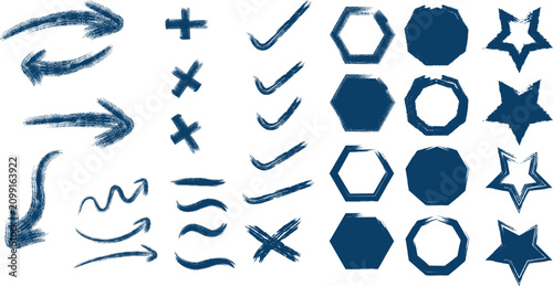 Blue Grunge Brush Hand Drawn Marker Elements Collection, Artistic Arrow Icons, Brush Stroke Symbols, Abstract Geometric Shapes, Check Marks, Star Frames, Hexagon Borders, Creative Design Assets Bundle