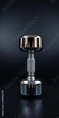 Shiny chrome dumbbell sits upright on a dark background, symbolizing strength and dedication, sporty, healthy