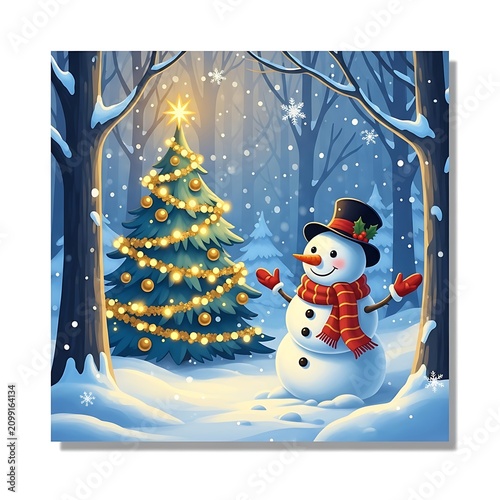 Festive Snowman and Christmas Tree in Winter Wonderland Scene.