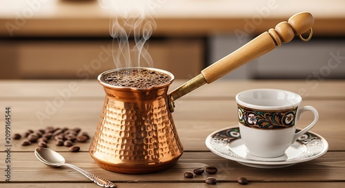 Traditional Turkish Coffee Pot with Coffee Cup and Beans.