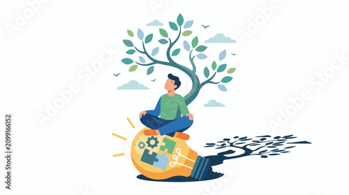 A man sits on a lightbulb with a tree growing out of it