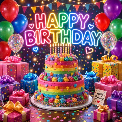 Colorful tiered birthday cake with lit candles surrounded by many gift boxes and bright balloons under a festive neon happy birthday sign in a cheerful party celebration setting